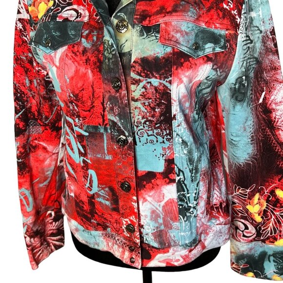 St. John Sport Marie Gray Button Up Abstract Colorful Print Moto Jacket XS - Picture 4 of 9